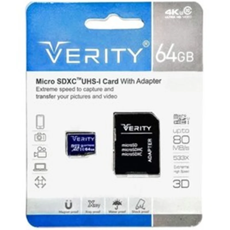 کارت حافظه microSDHC وریتی Verity 533X 80MB/s U3 64GB + تبدیل